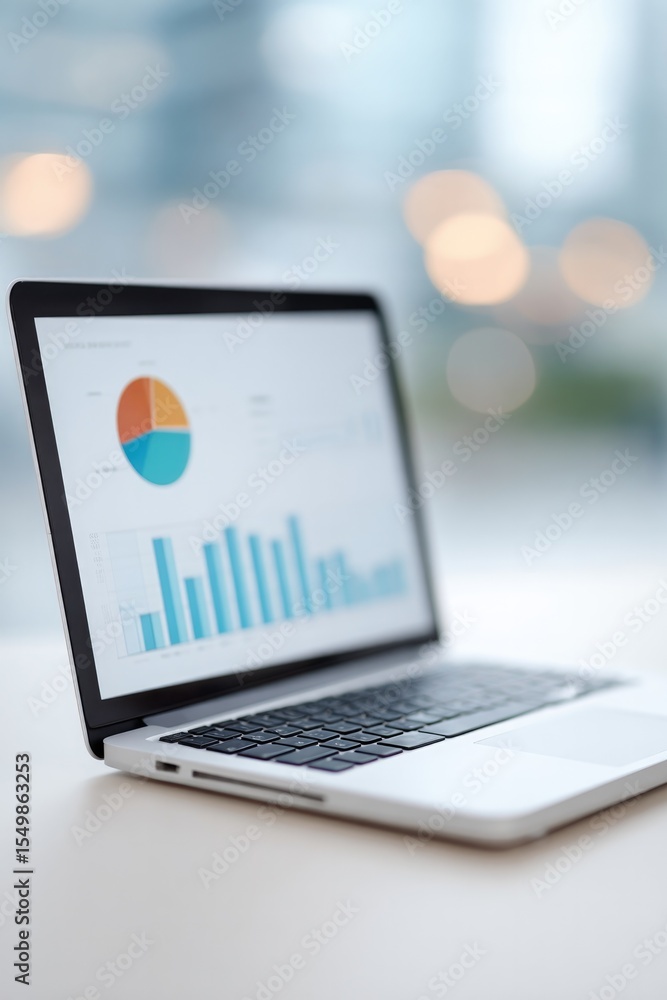 Poster minimalistic image of laptop with financial report open on screen resting on clean white desk