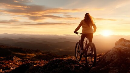 A silhouetted biker overlooking a breathtaking sunset from a mountain viewpoint, embodying the spirit of adventure and the beauty of outdoor cycling in nature.