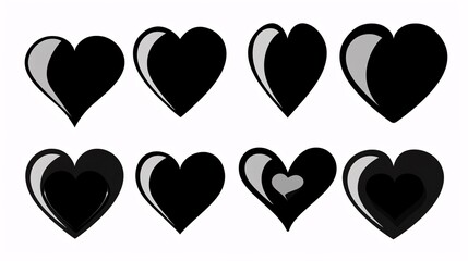 Black and white heart designs in various styles, symbolizing love, contrast, and simplicity.