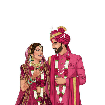 Joyful Indian Wedding Couple in Traditional Attire