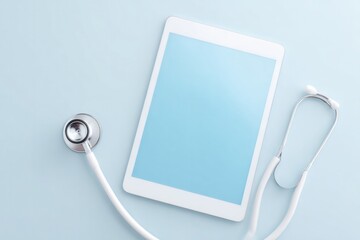 minimalistic scene depicting artificial intelligence integrating into medical practice with stethoscope digital tablet