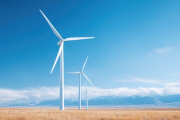Fototapeta premium minimalistic wide-angle view of modern wind turbines on open horizon in clear weather against cloudless blue sky with
