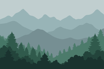 Fototapeta premium Misty Mountain Landscape Serene Forest and Majestic Peaks Illustration