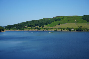 Peak District, Derbyshire, England - June 20 2025: A serene landscape of a lake with floating...