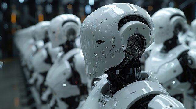 A row of sleek, white humanoid robots showcases advanced technology in a modern industrial setting, anticipating future developments in robotics and automation.