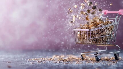 A shopping cart overflowing with coins, creating a striking visual effect as coins fall dramatically, symbolizing consumerism and the value of money in modern society.