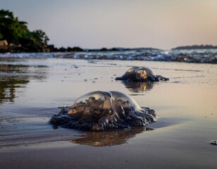 Generated image - A pair of Moon jellyfish washed up on a beach at sunset