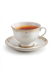 English teacup with saucer isolated on white background, White porcelain cup and saucer with English tea in on a white background