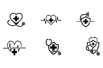 Collection of Medical and Healthcare Icons with Hearts and Stethoscopes