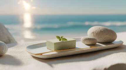 Elegant matcha dessert with mint on a seaside plate, radiating tranquility and a touch of culinary artistry