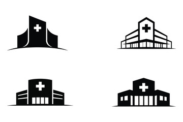 Hospital building logos in black and white, healthcare facility icons