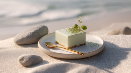 Tranquil matcha dessert: Creamy treat on beach, gold spoon, serene seaside snack in natural daylight.