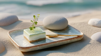Elegant dessert presented on a beach with a golden spoon and greenery, capturing serene luxury.