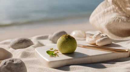 A spherical green treat rests on a marble slab amidst a serene beach setting. Edible or decorative art?