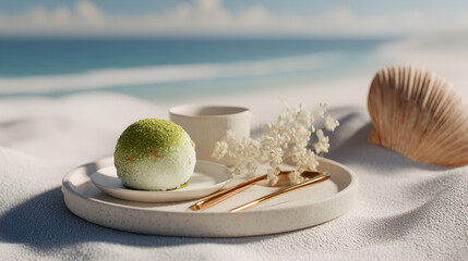 Matcha dessert presented on a beach with seashells, a mug, and flowers, offering a serene seaside treat.