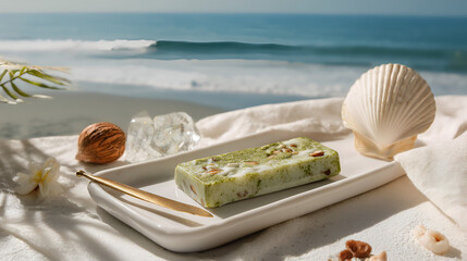 Seaside treat: Green tea confection with nuts served on a white plate with beach-themed accents.