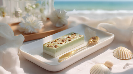 Nutty Matcha Delight: A serene scene featuring a dessert bar on a white plate, with seashells and the ocean backdrop.