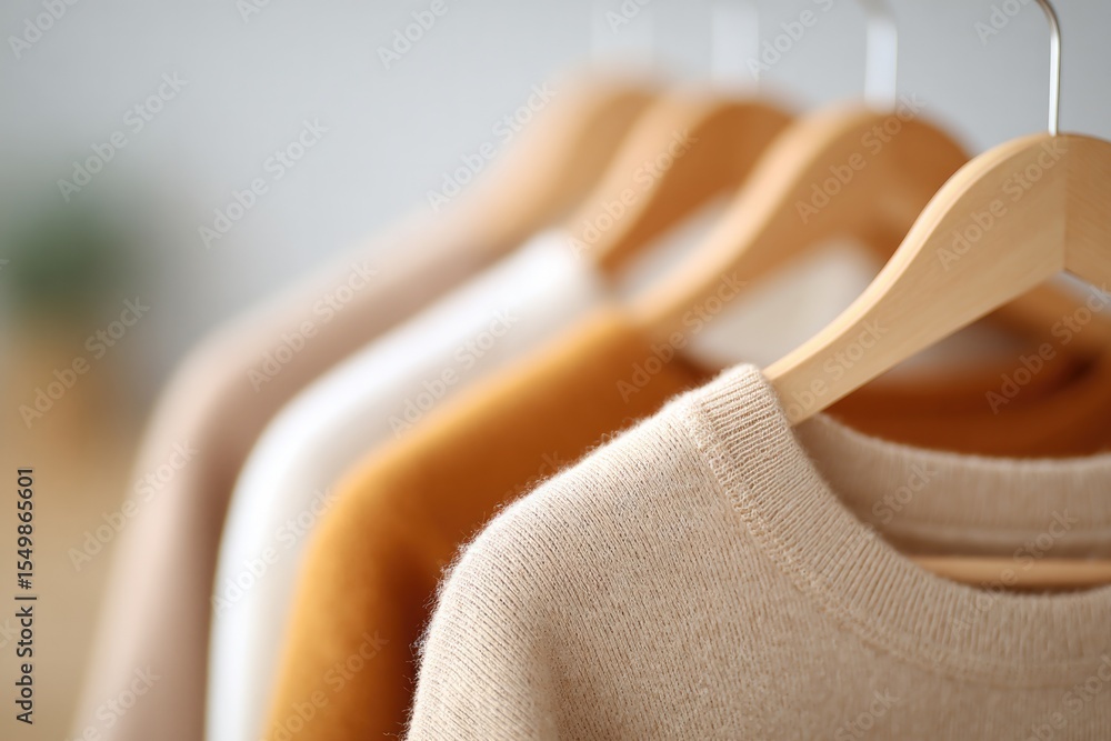 Poster neatly arranged capsule wardrobe displayed in foreground showcasing simplicity with blurred backgrou