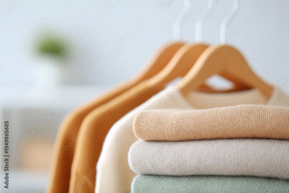 Poster neatly arranged capsule wardrobe displayed in foreground showcasing simplicity with blurred backgrou