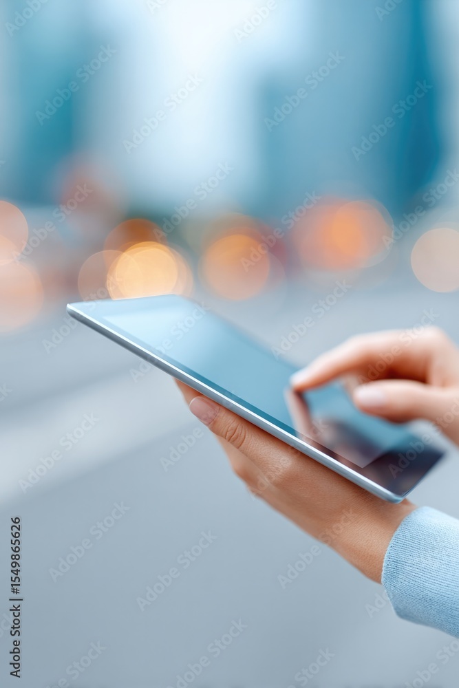 Poster person using tablet to deliver interactive presentation with minimalistic design elements visible