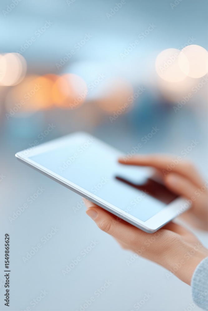 Poster person using tablet to deliver interactive presentation with minimalistic design elements visible