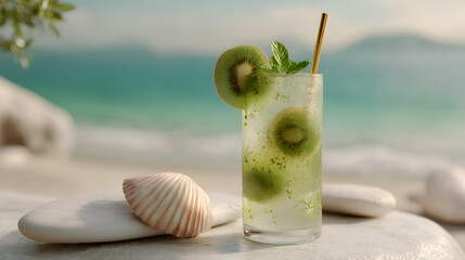 Kiwi cooler: A tropical drink by the beach with sliced kiwi and mint garnish on a bright sunny day.