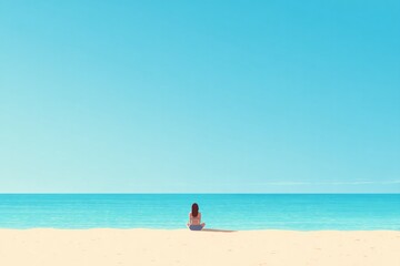 Obraz premium relaxed figure sitting on warm sandy beach absorbing serene summer atmosphere
