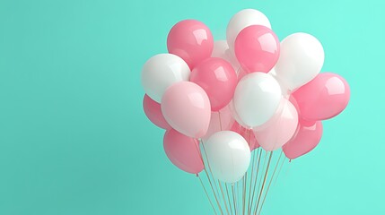 A Festive Bunch of Pink and White Balloons Against a Teal Background, A cluster of pink and white balloons of various shades, tied together, floats against a solid teal background.