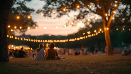 Summer evening outdoor gathering with string lights at sunset. People relaxing under illuminated festive decoration. Romantic outdoor party setup with warm bokeh effect