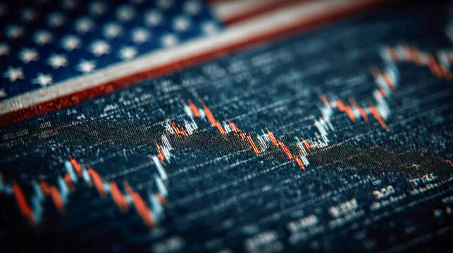 A digital stock market chart with fluctuating lines displayed over a background featuring the American flag, symbolizing the connection between the U.S. economy and financial markets