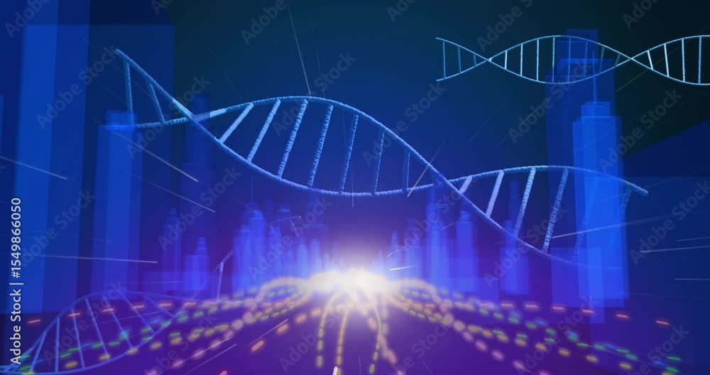 Poster flare bursting triggers digital helix growing and drifting across glowing grid to visualize data
