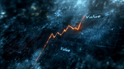 A glowing, jagged line graph on a dark, textured background illustrates increasing value trends in a futuristic, digital style.