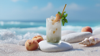 Peach Cocktail: Refreshing drink with fruit garnish, served on a sunny beach with ocean waves.