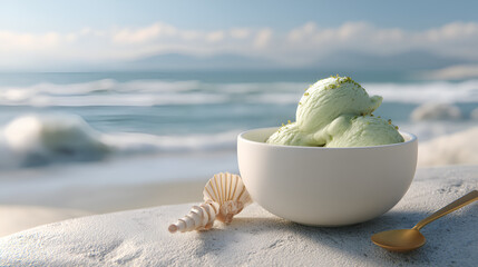 Beachside Bliss: Scoop of pistachio ice cream, seashell, and spoon offer a coastal retreat.