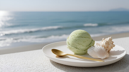 Refreshing gelato treat with seaside view: A perfect summer dessert on a crisp white plate and gold spoon.