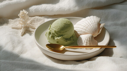 Mint flavored frozen dessert on a beach themed plate. Refreshing treat served in a bright setting.