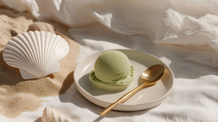 Refreshing green ice cream scoop on a plate by beach sand and seashells, golden spoon, summer treat