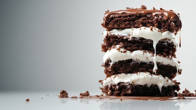 An indulgent stack of rich chocolate brownies layered with creamy vanilla ice cream, drizzled with chocolate sauce, embodying dessert bliss and treat perfection. - Powered by Adobe