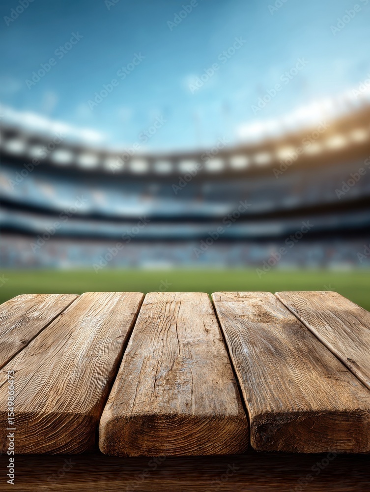 Poster wooden table empty with a bokeh background of a stadium. mockup template for product display. ai gen