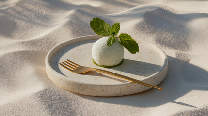 Minimalist dessert presentation: textured sphere with mint leaves, golden fork, on a speckled plate.
