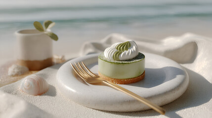 Green tea mousse cake with cream on the beach. Elegant dessert with ocean view on a plate with shells.