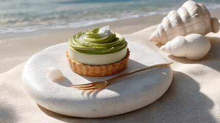 Delicious pistachio tart with decorative seashells and a golden fork on a marble stone by the ocean.
