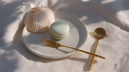 Still life: pastel macaron, seashell, and gold cutlery arrangement on a speckled plate, warm sunny ambiance.
