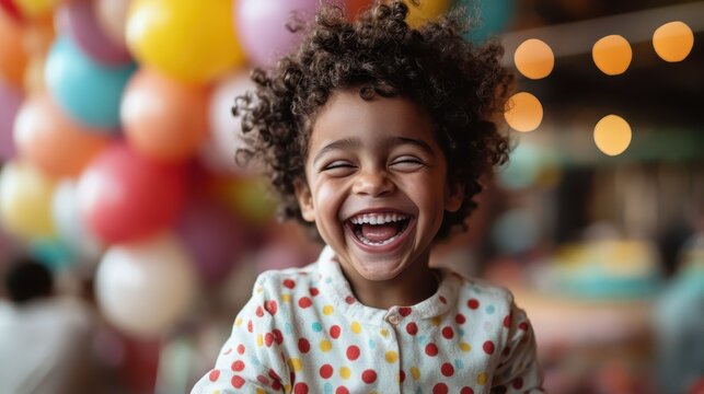 A joyful child with curly hair laughs wholeheartedly in a vibrant setting filled with balloons, capturing pure happiness and childhood innocence in a lively celebration.