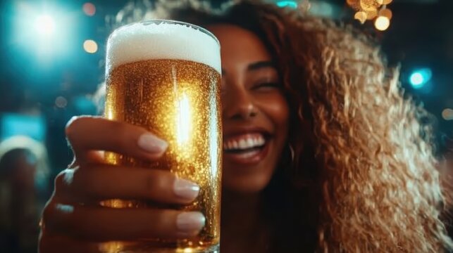 A woman with curly hair smiles joyfully while holding a glass of beer aloft, celebrating life and togetherness in a lively bar atmosphere full of excitement and camaraderie.