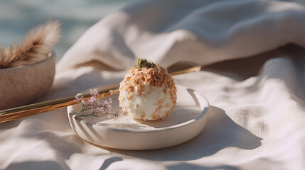 Elegant dessert presentation with natural light creating soft shadows, perfect for a sophisticated event.