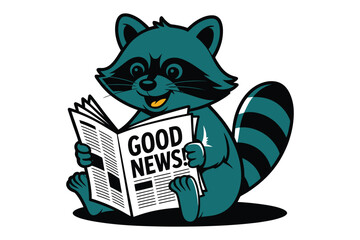 Happy Raccoon Reading Good News Newspaper