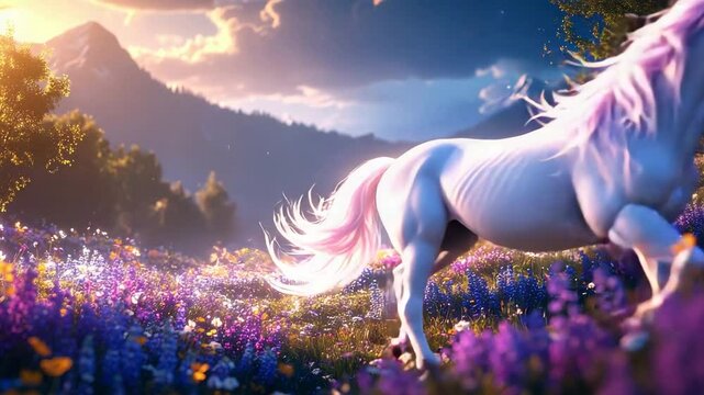 Enchanting unicorn grazing peacefully in a vibrant field of colorful wildflowers under sunlight