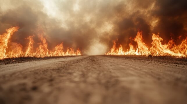 A dramatic scene captures fierce flames consuming the dry landscape, evoking urgency and a stark visual representation of nature's power and environmental challenges faced today.