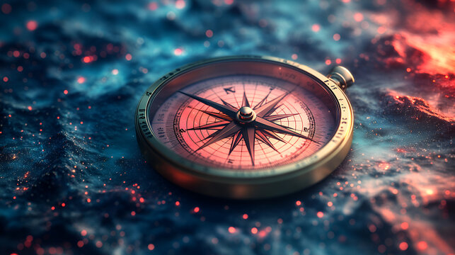 Vintage pink compass lying on wet textured surface illuminated with dramatic blue and orange lighting symbolizing direction navigation adventure exploration and finding purpose in life